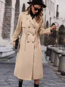 Chiquease Raglan Sleeve Double Breasted Drawstring Waist Trench Coat - Khaki - View 5