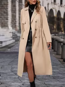 Chiquease Raglan Sleeve Double Breasted Drawstring Waist Trench Coat - Khaki - View 7