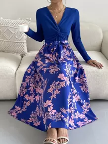 SHEIN VCAY 印花前扭結繫腰帶洋裝 - 寶藍色 - 查看 1