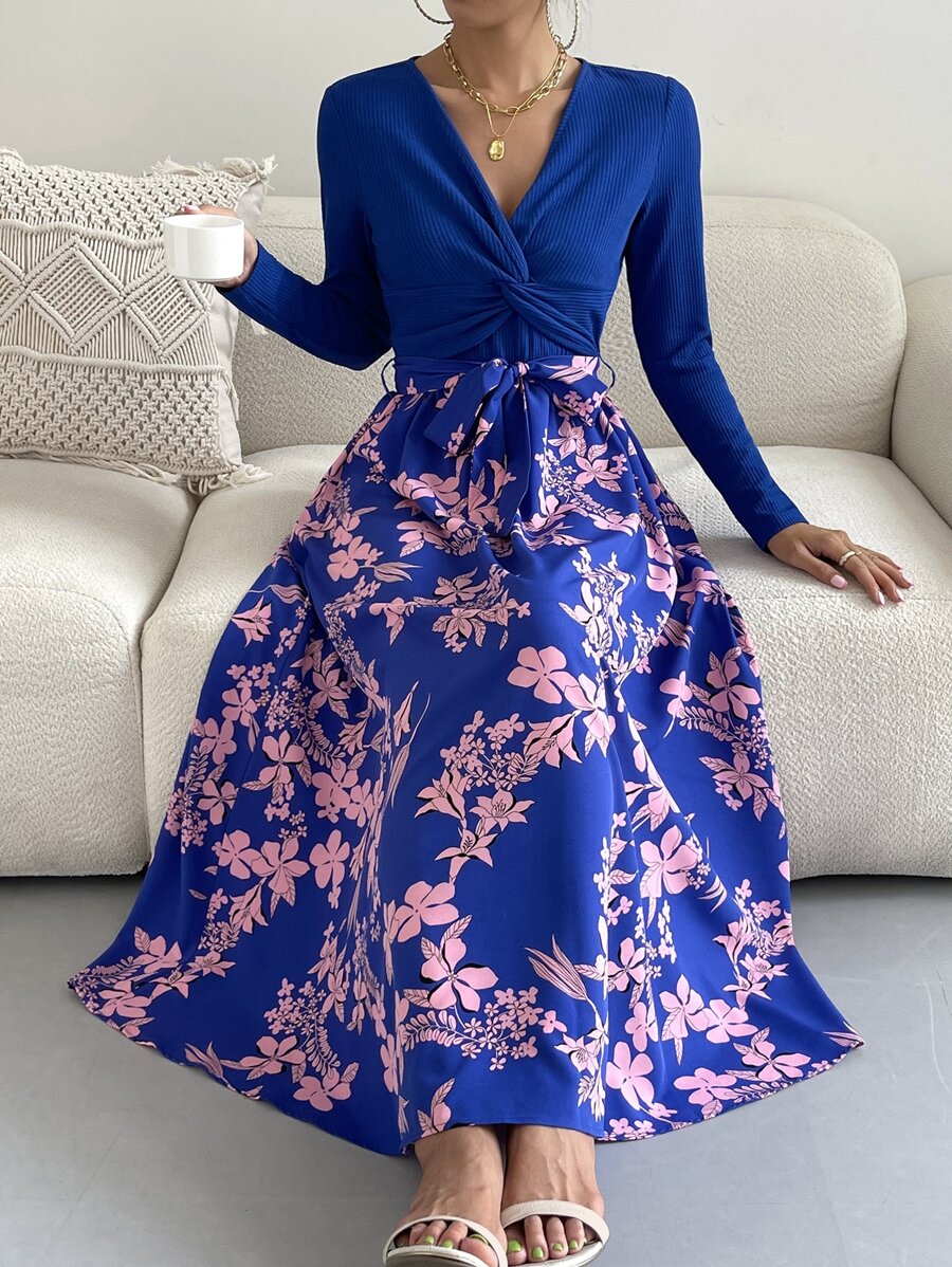 SHEIN VCAY 印花前扭結繫腰帶洋裝 - 寶藍色 - 查看 1