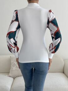 SHEIN Essnce Leopard & Chain Print Puff Sleeve Top - White - View 2