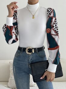 SHEIN Essnce Leopard & Chain Print Puff Sleeve Top - White - View 3