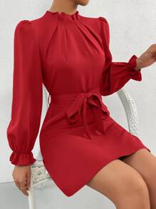 SHEIN Privé Solid Mock Neck Flounce Sleeve Belted Dress - Red - View 3