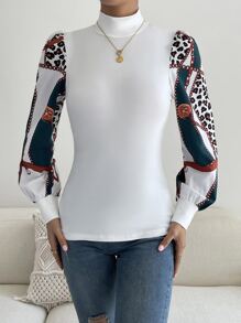 SHEIN Essnce Leopard & Chain Print Puff Sleeve Top - White - View 4