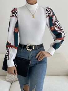 SHEIN Essnce Leopard & Chain Print Puff Sleeve Top - White - View 5