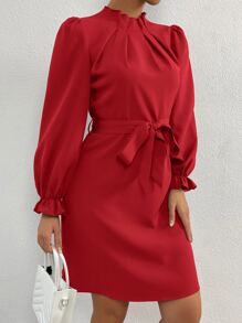 SHEIN Privé Solid Mock Neck Flounce Sleeve Belted Dress - Red - View 5