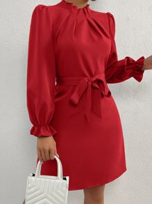 SHEIN Privé Solid Mock Neck Flounce Sleeve Belted Dress - Red - View 6