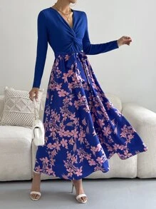 SHEIN VCAY 印花前扭結繫腰帶洋裝 - 寶藍色 - 查看 5