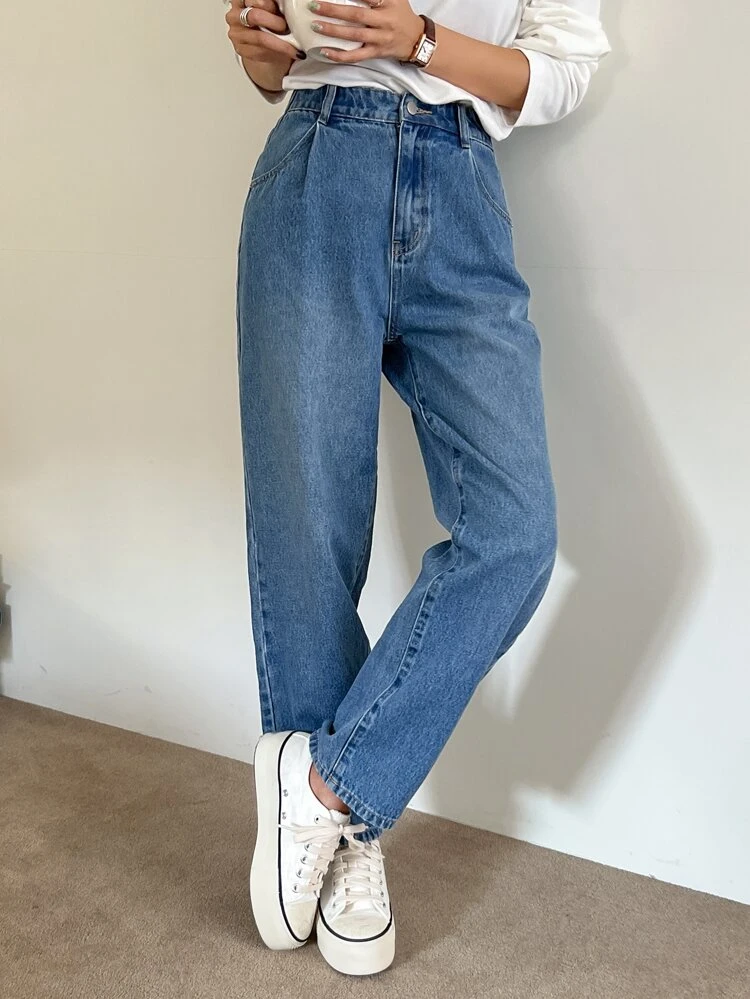 High Waist Zip Fly Tapered Jeans