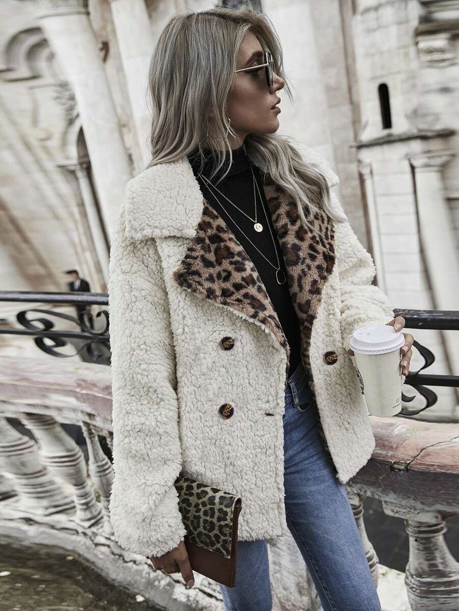 SHEIN LUNE Leopard Print Double Button Teddy Coat - Beige - View 1