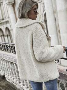 SHEIN LUNE Leopard Print Double Button Teddy Coat - Beige - View 2