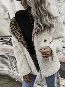 SHEIN LUNE Leopard Print Double Button Teddy Coat - Beige - View 3