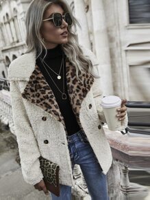 SHEIN LUNE Leopard Print Double Button Teddy Coat - Beige - View 5