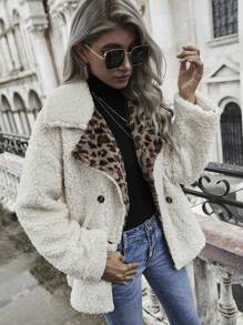 SHEIN LUNE Leopard Print Double Button Teddy Coat - Beige - View 6