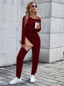 SHEIN LUNE 素色不對稱領腰帶連身褲 - 酒紅色 - 查看 1