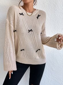 Bow Front Pointelle Knit Drop Shoulder Jumper - Apricot - View 3