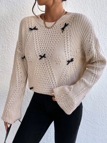 Bow Front Pointelle Knit Drop Shoulder Jumper - Apricot - View 4