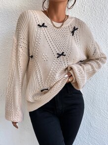 Bow Front Pointelle Knit Drop Shoulder Jumper - Apricot - View 6