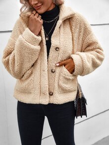 Cazadora teddy de hombros caídos con parche de bolsillo - Albaricoque - Ver 5