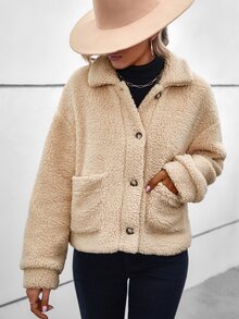 Cazadora teddy de hombros caídos con parche de bolsillo - Albaricoque - Ver 4