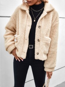 Cazadora teddy de hombros caídos con parche de bolsillo - Albaricoque - Ver 1