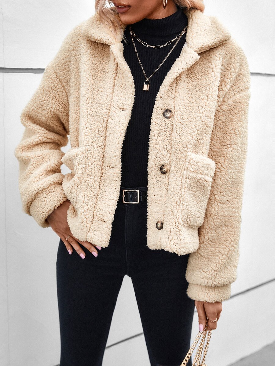 Cazadora teddy de hombros caídos con parche de bolsillo - Albaricoque - Ver 1