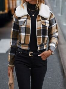 SHEIN LUNE Cazadora con estampado de cuadros cuello de borreguito - Multicolor - Ver 1