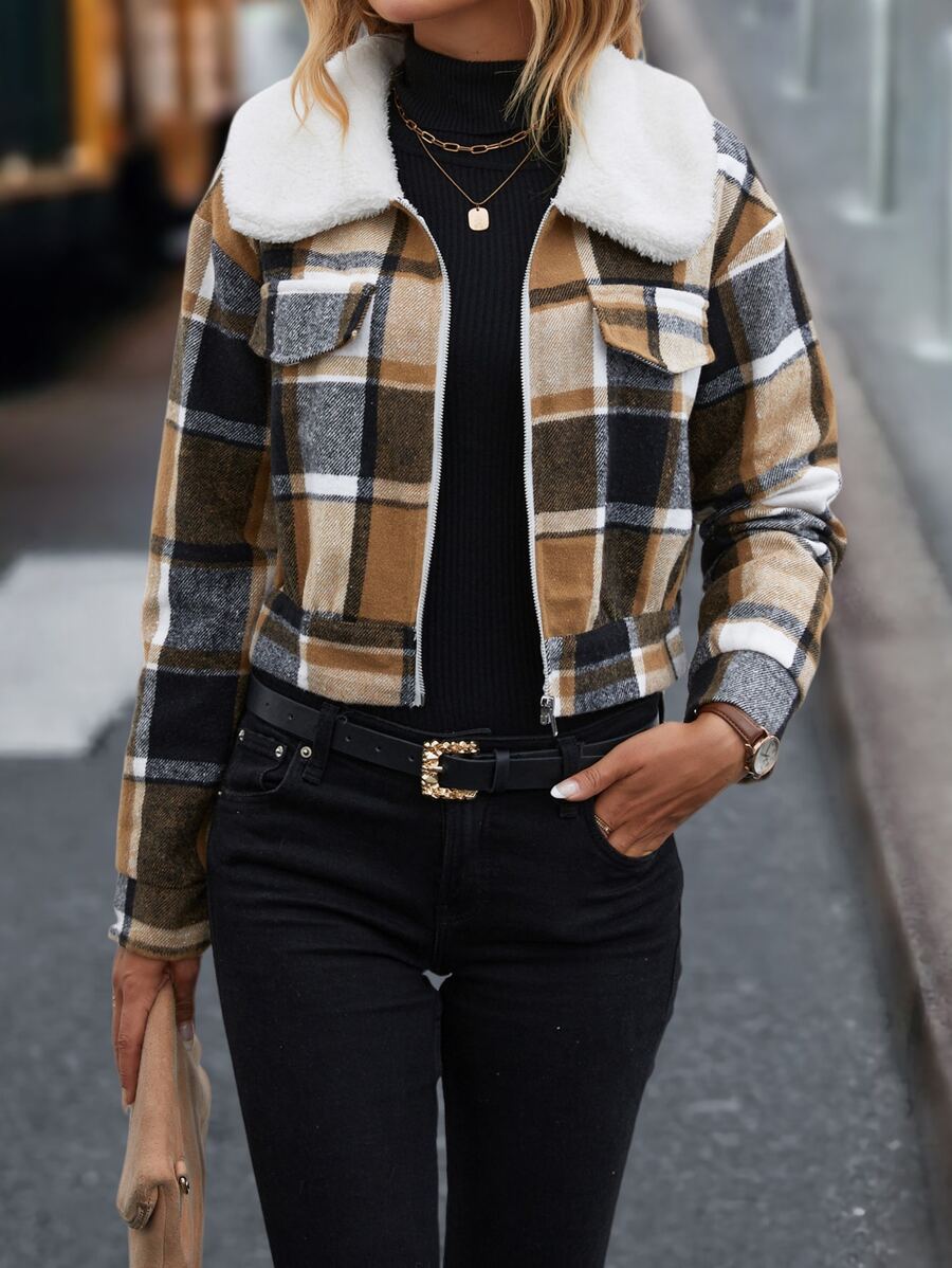 SHEIN LUNE Cazadora con estampado de cuadros cuello de borreguito - Multicolor - Ver 1