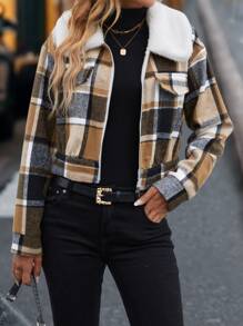 SHEIN LUNE Cazadora con estampado de cuadros cuello de borreguito - Multicolor - Ver 3