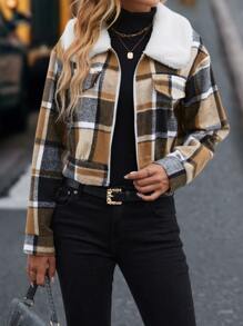 SHEIN LUNE Cazadora con estampado de cuadros cuello de borreguito - Multicolor - Ver 4
