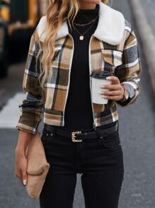 SHEIN LUNE Cazadora con estampado de cuadros cuello de borreguito - Multicolor - Ver 5