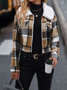 SHEIN LUNE Cazadora con estampado de cuadros cuello de borreguito - Multicolor - Ver 6