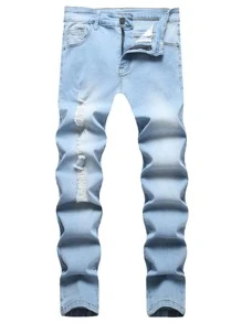 Manfinity Men Ripped Washed Skinny Jeans - Light Wash - View 1