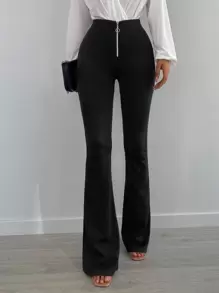 EURMUSE O-Ring Zip Front Flare Leg Pants - Black - View 1