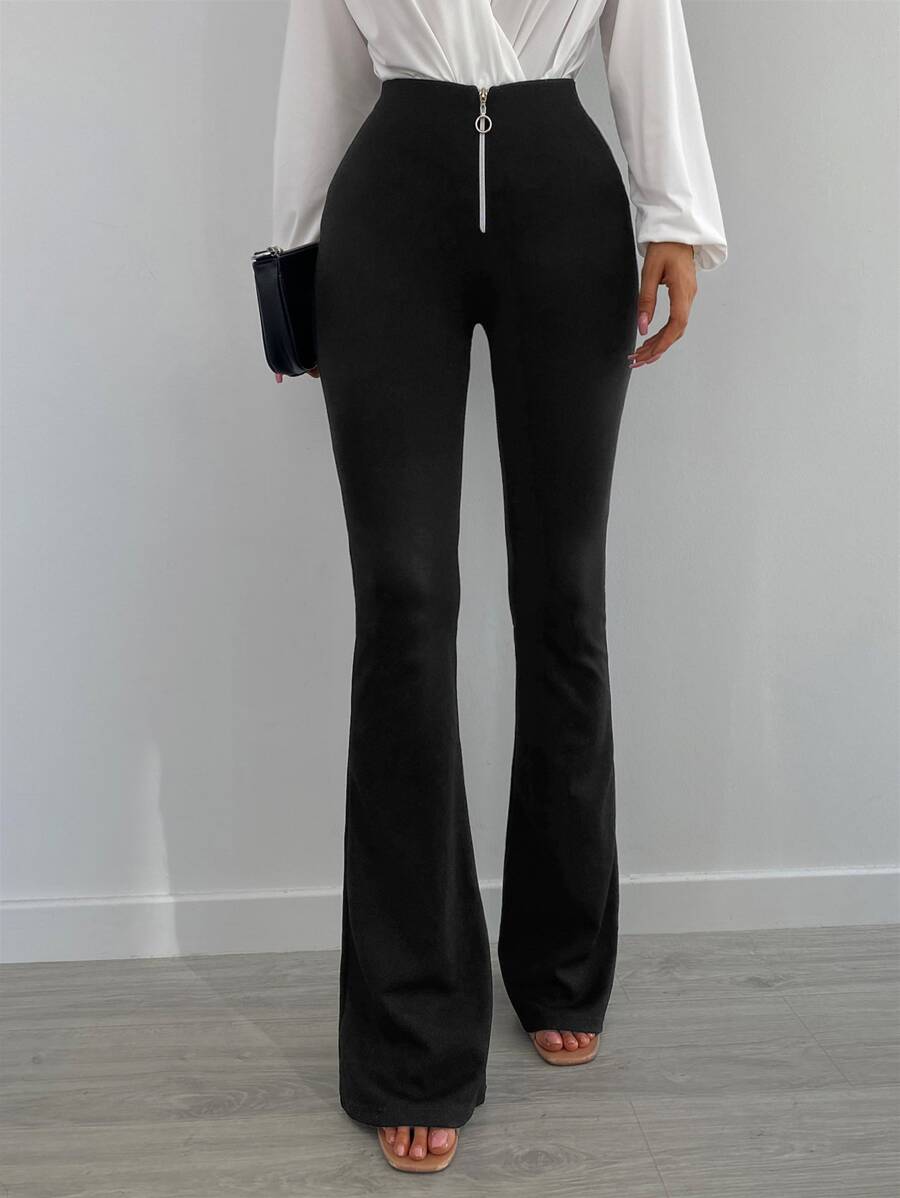 EURMUSE O-Ring Zip Front Flare Leg Pants - Black - View 1