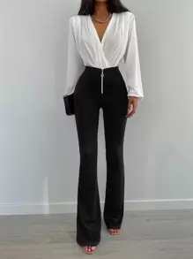 EURMUSE O-Ring Zip Front Flare Leg Pants - Black - View 3