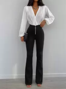 EURMUSE O-Ring Zip Front Flare Leg Pants - Black - View 4