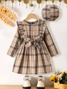 SHEIN Vestido De Niña Joven Con Cinturón Y Detalles De Volante De Cuadros - Caqui - Ver 1