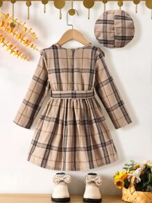 SHEIN Vestido De Niña Joven Con Cinturón Y Detalles De Volante De Cuadros - Caqui - Ver 2