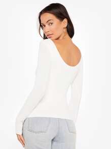 SHEIN BASICS V領合身T恤 - 白色 - 查看 2