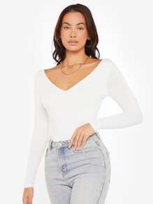 SHEIN BASICS V領合身T恤 - 白色 - 查看 4