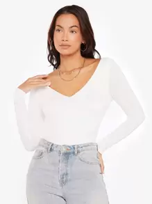 SHEIN BASICS V領合身T恤 - 白色 - 查看 5