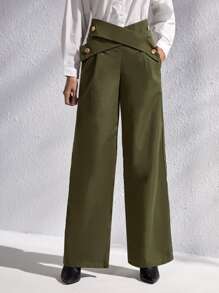 Zip Back Wide Leg Trousers - Olive Green - View 1