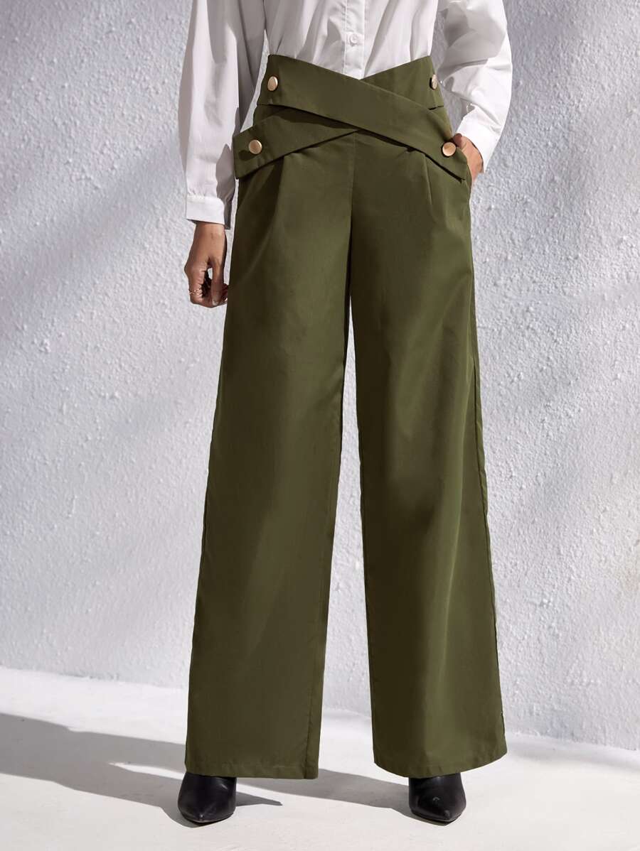 Zip Back Wide Leg Trousers - Olive Green - View 1