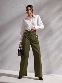 Zip Back Wide Leg Trousers - Olive Green - View 3