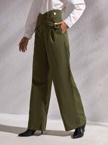 Zip Back Wide Leg Trousers - Olive Green - View 5