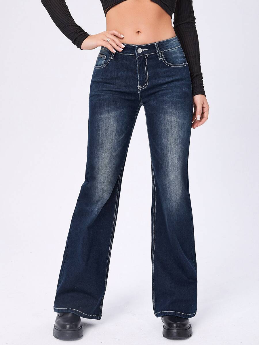 Bleach Wash Flare Leg Jeans - Dark Wash - View 1