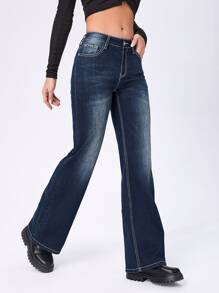 Bleach Wash Flare Leg Jeans - Dark Wash - View 6