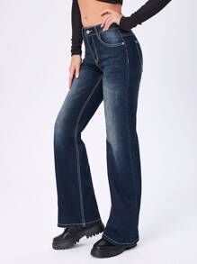 Bleach Wash Flare Leg Jeans - Dark Wash - View 5