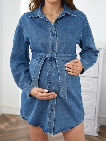 asos maternity denim dress ASOS DESIGN Maternity Blue Denim Smock Dress Women Size 16 Ruffle Shoulder  Mini